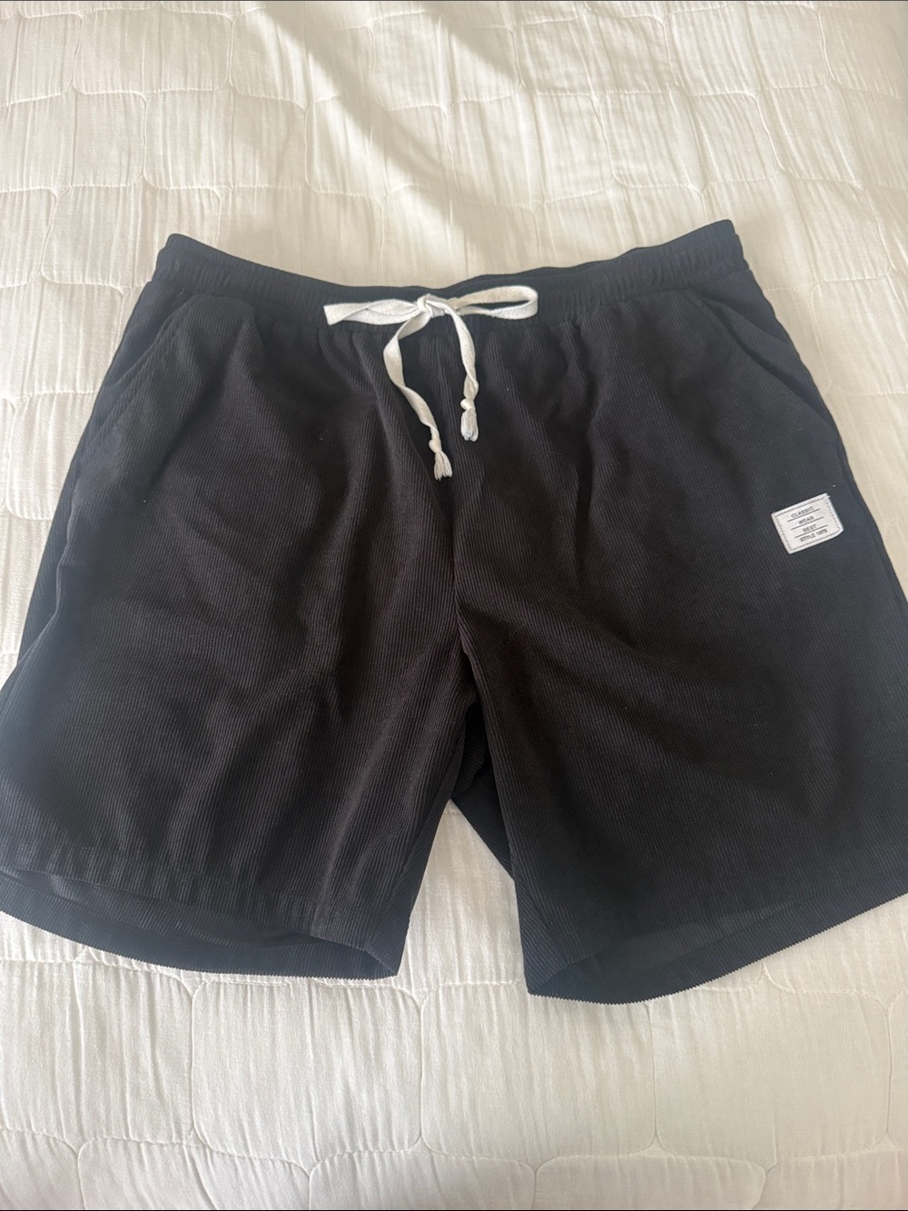 Men’s elastic waist black corduroy, casual shorts